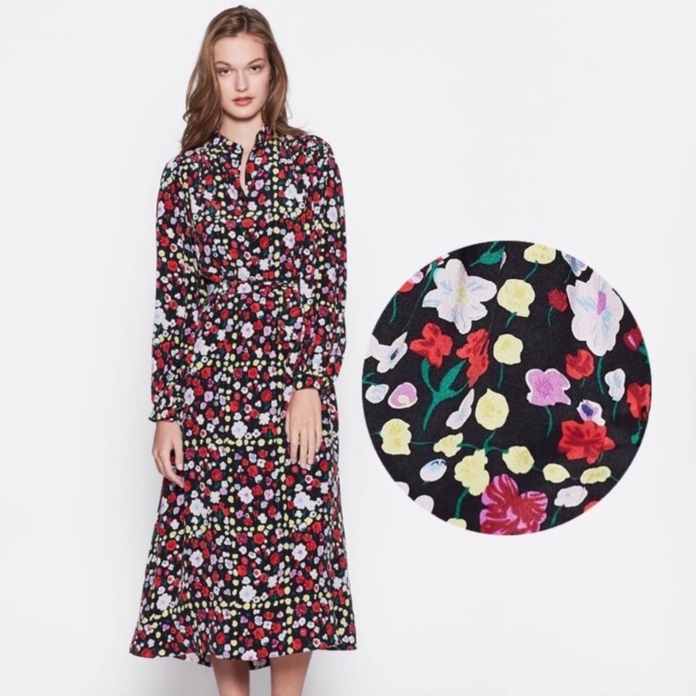 EUC Equipment Black Floral Midi Dress with Red, Yellow, Pink & White Flowers